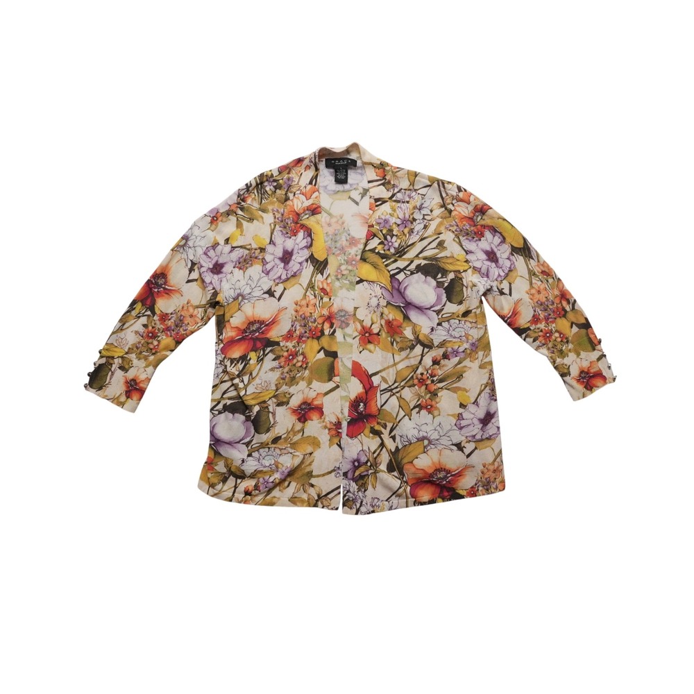 Grace the Perfect Fit Floral Cardigan Women L Multicolor Lightweight Button Cuff